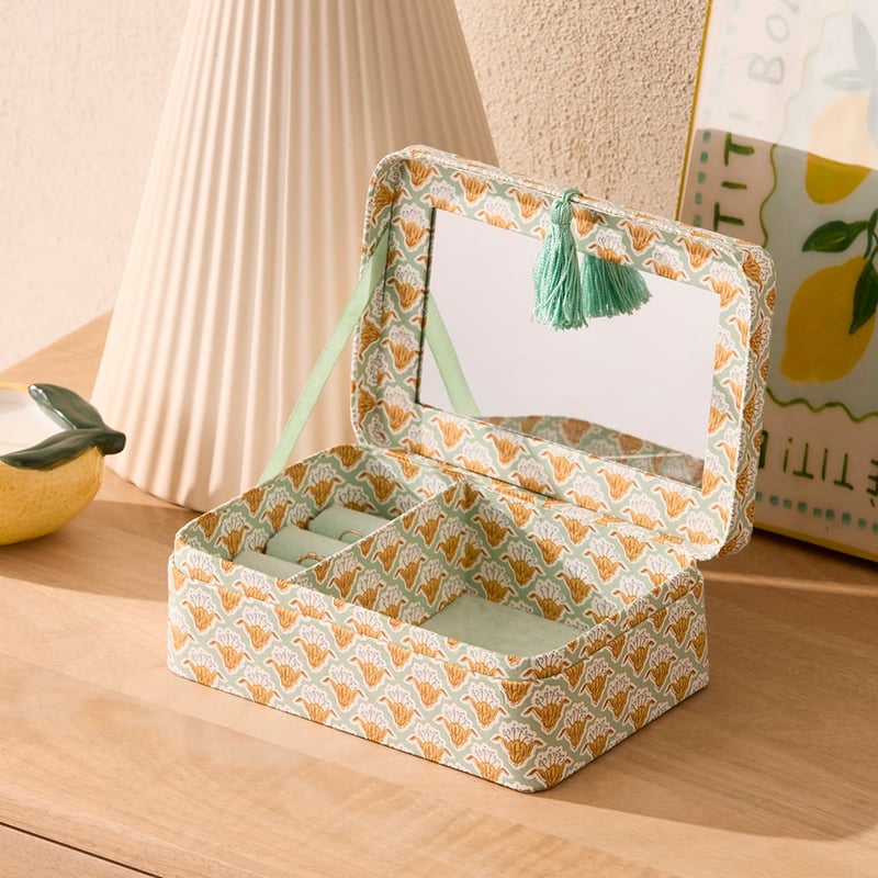 Teal Block Printed Jewellery Box