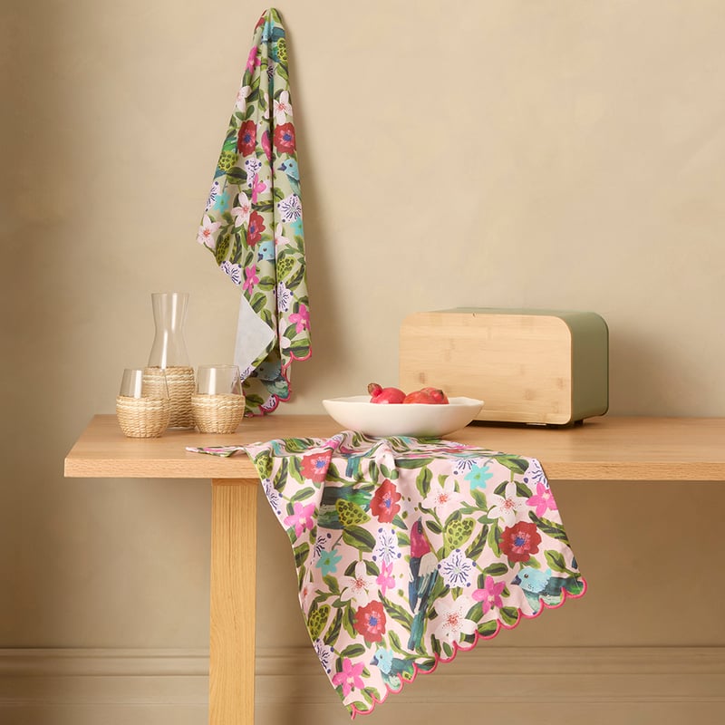 Winter Berry Bird Green & Pink Tea Towel Pack of 2