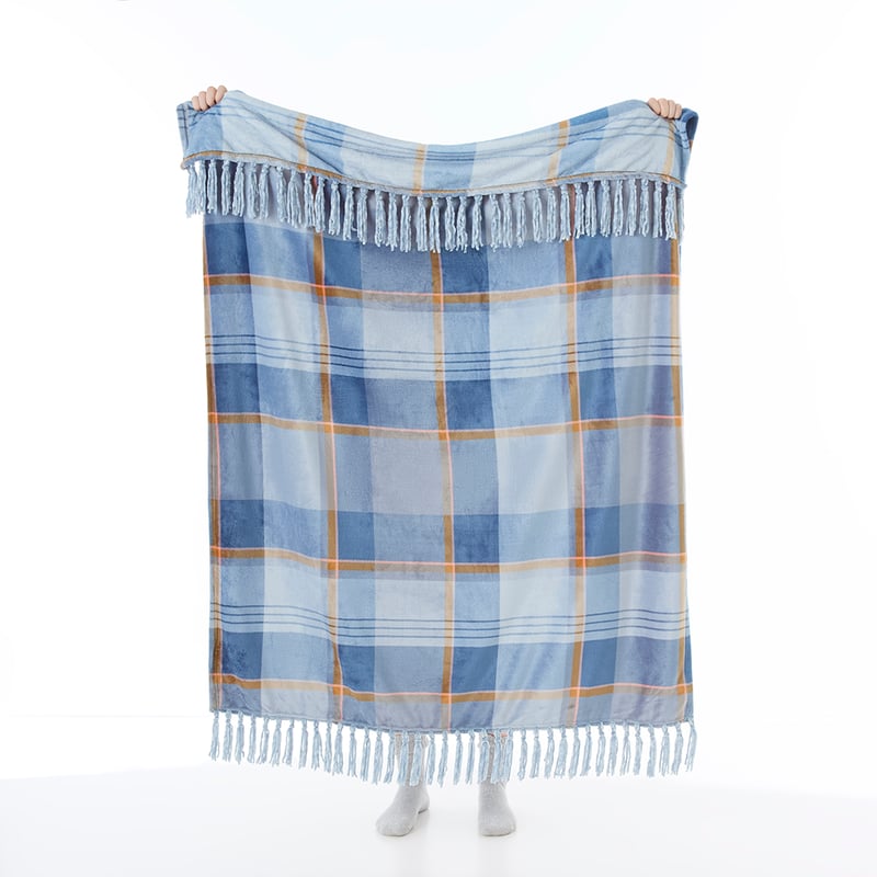 Aspen Blue Check Fleece Tassel Print Throw