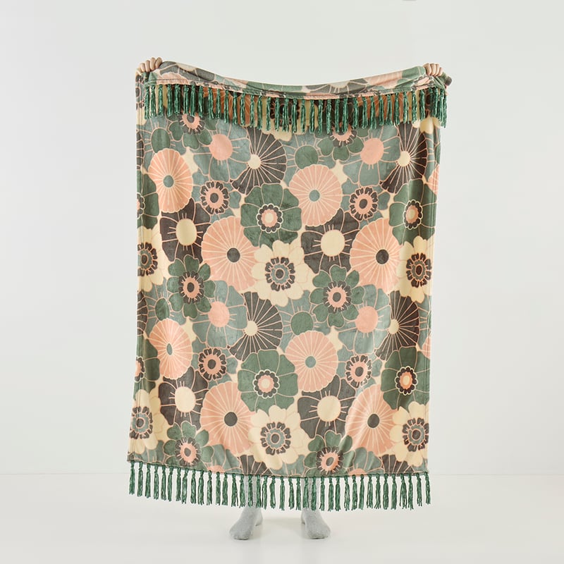 Aspen Green Keira Floral Fleece Tassel Throw