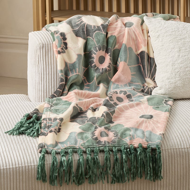 Aspen Green Keira Floral Fleece Tassel Throw