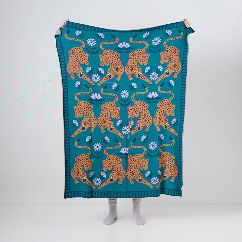 Cheetah Teal Knitted Throw