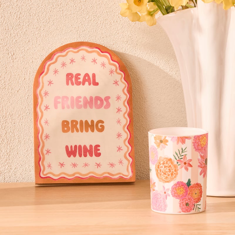 Fiesta Real Friends Bring Wine Timber Wall Art