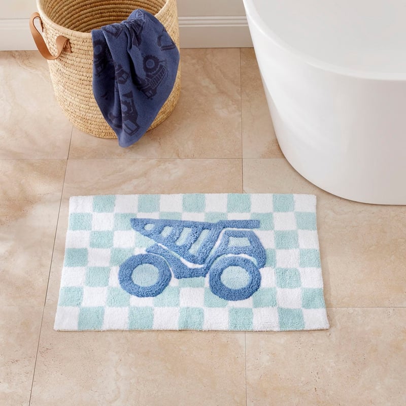 Kids Construction Check Blue & Mint Bath Mat