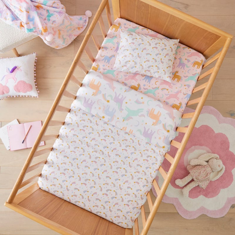 Moonlight Unicorn White Flannelette Cot Quilt Cover Set