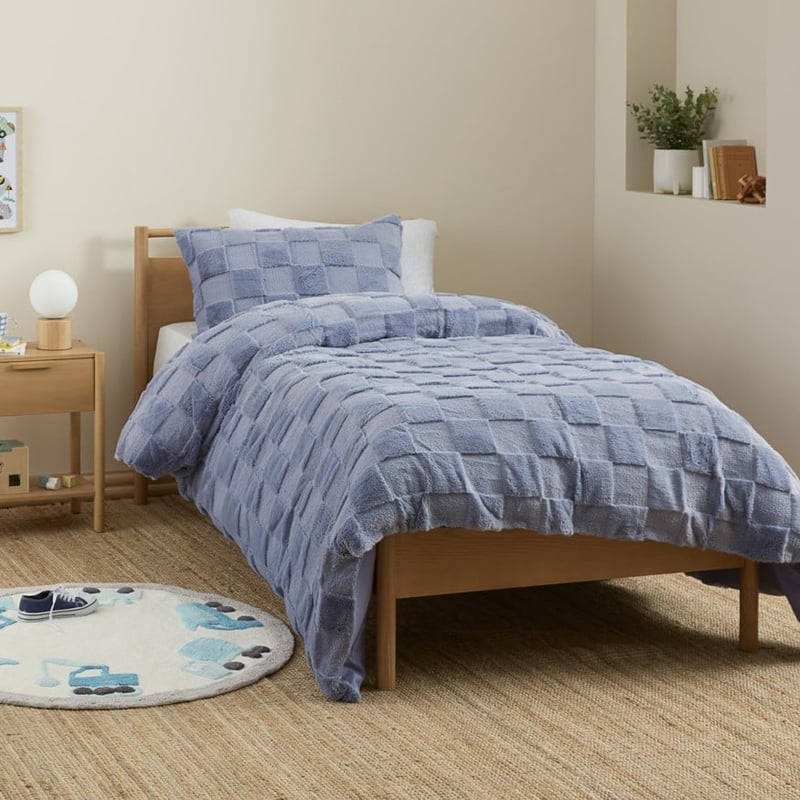 Dustin Check Faux Fur Dusty Blue Quilt Cover Set