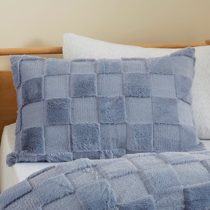 Dustin Check Faux Fur Dusty Blue Quilt Cover Set