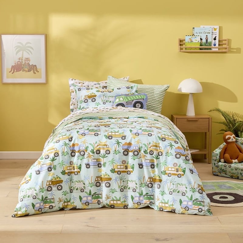 Jungle Trucks Mint Quilt Cover Set