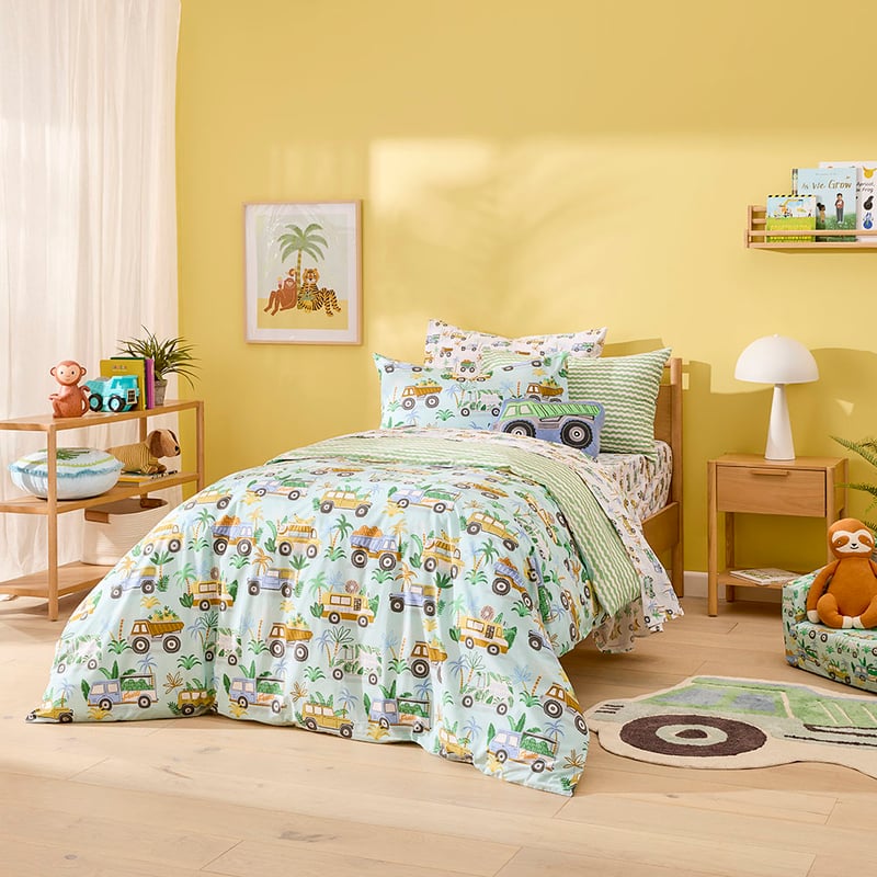 Jungle Trucks Mint Quilt Cover Set
