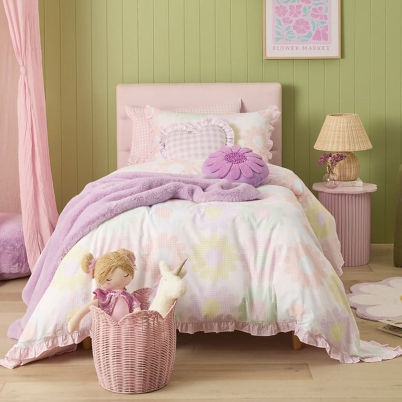 Gingham Flower Ruffle White Quilt Cover Set