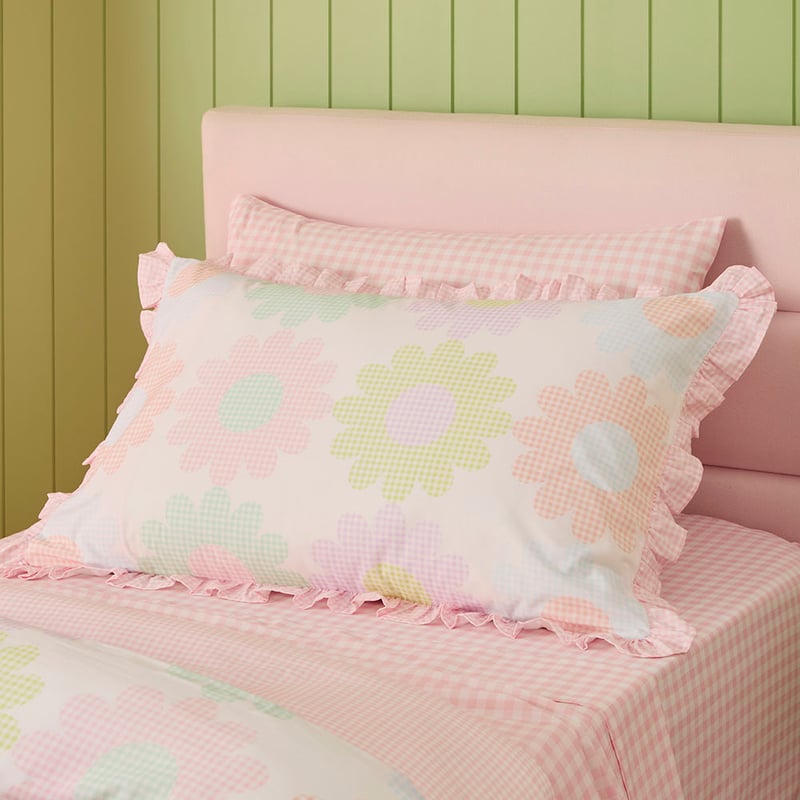 Gingham Flower Ruffle White Quilt Cover Set