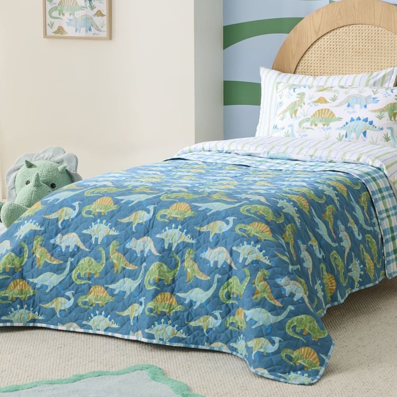 Dinosaur Habitat Blue Green Quilted Coverlet