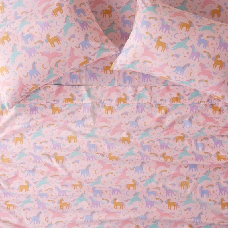 Moonlight Unicorn Pink Flannelette Sheet Set