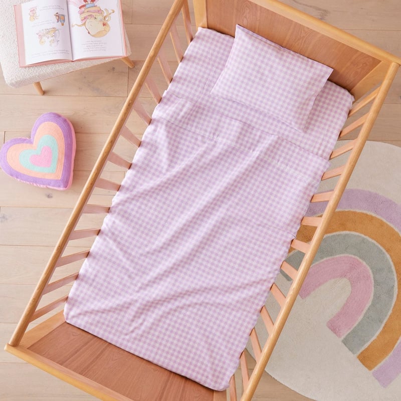 Rylee Lilac Gingham Flannelette Cot Sheet Set