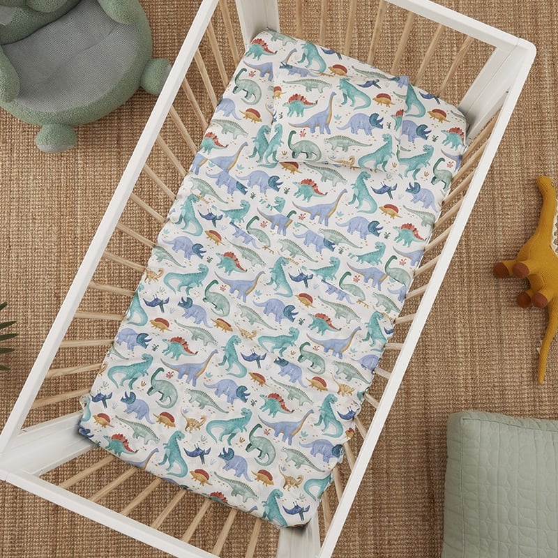 Dinosaur Explore White Cot Sheet Set
