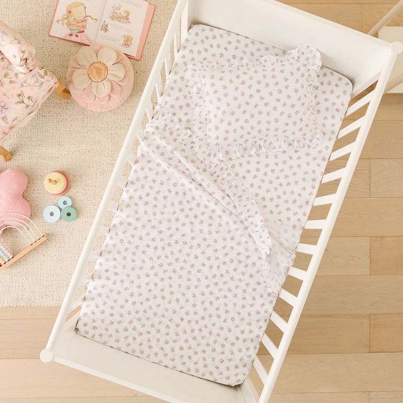 Fleur Harris Dancing Flowers White Ruffle Cot Sheet Set