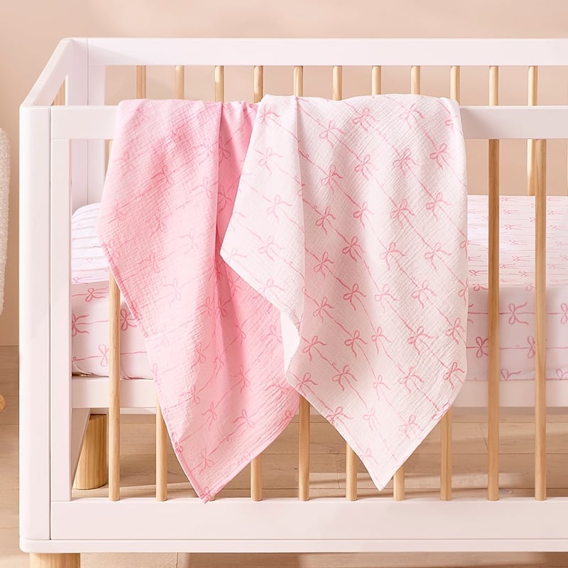Pink Beautiful Bow Cotton Muslin Baby Swaddles 2pk