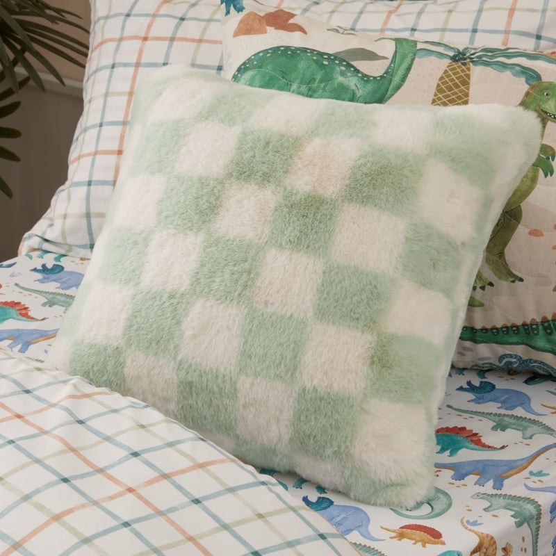 Frankie Pastel Green Check Faux Fur Cushion