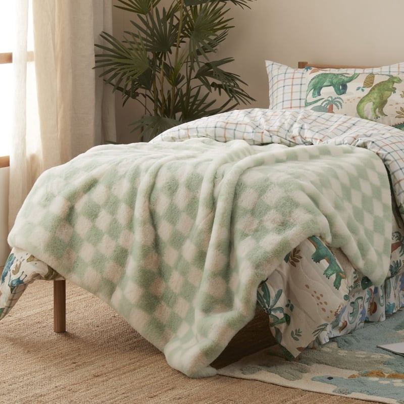 Frankie Pastel Green Check Faux Fur Throw