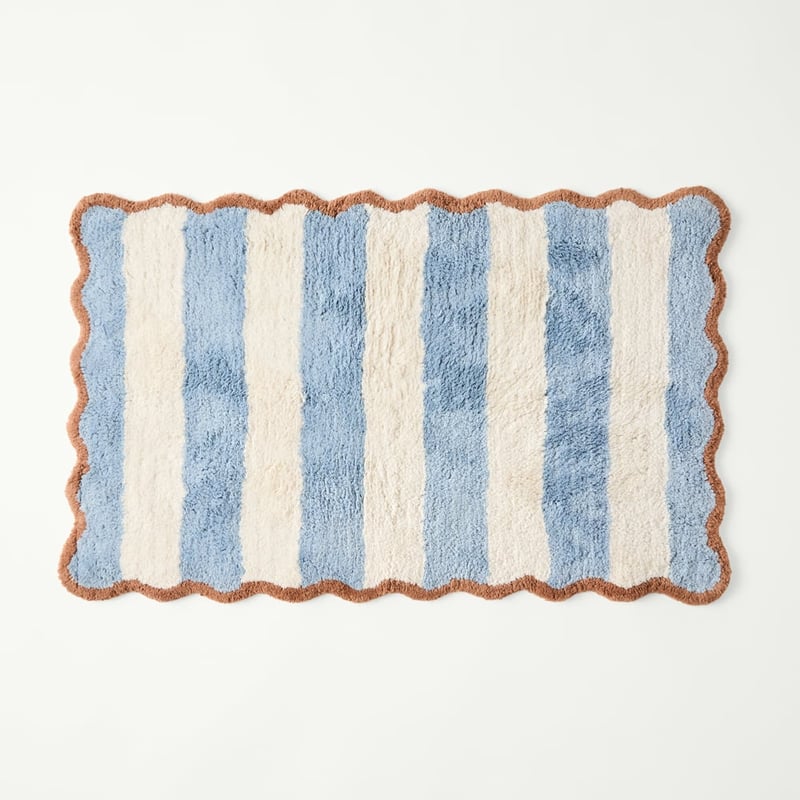 Scallop Stripe Chambray Blue & Bran Bath Mat
