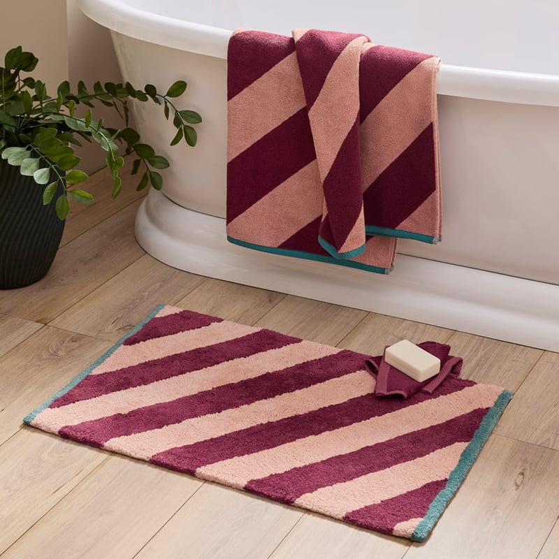 Diagonal Stripe Wine & Antique Pink Bath Mat