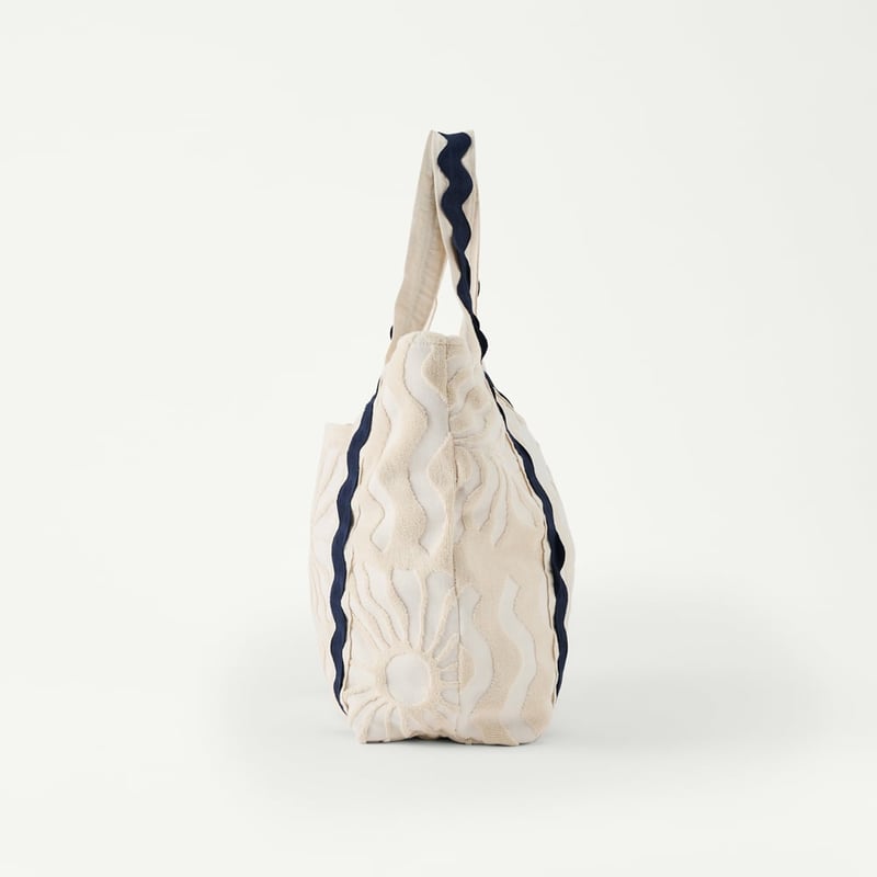 Cream Motif Terry Textured Beach Tote