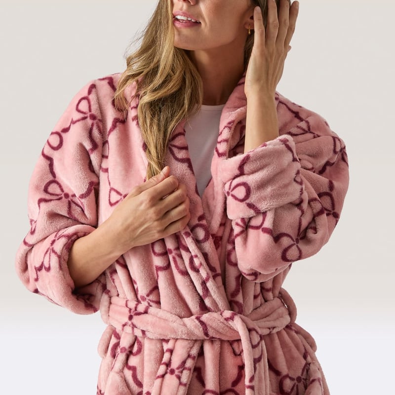 Printed Ultra Soft Pink & Wine Bow Bathrobe