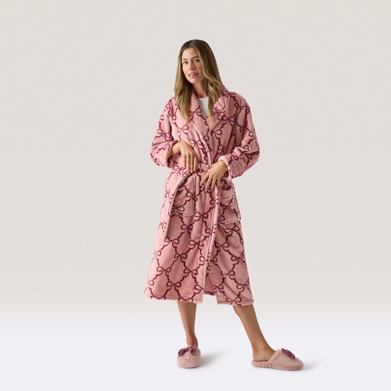 Printed Ultra Soft Pink & Wine Bow Bathrobe