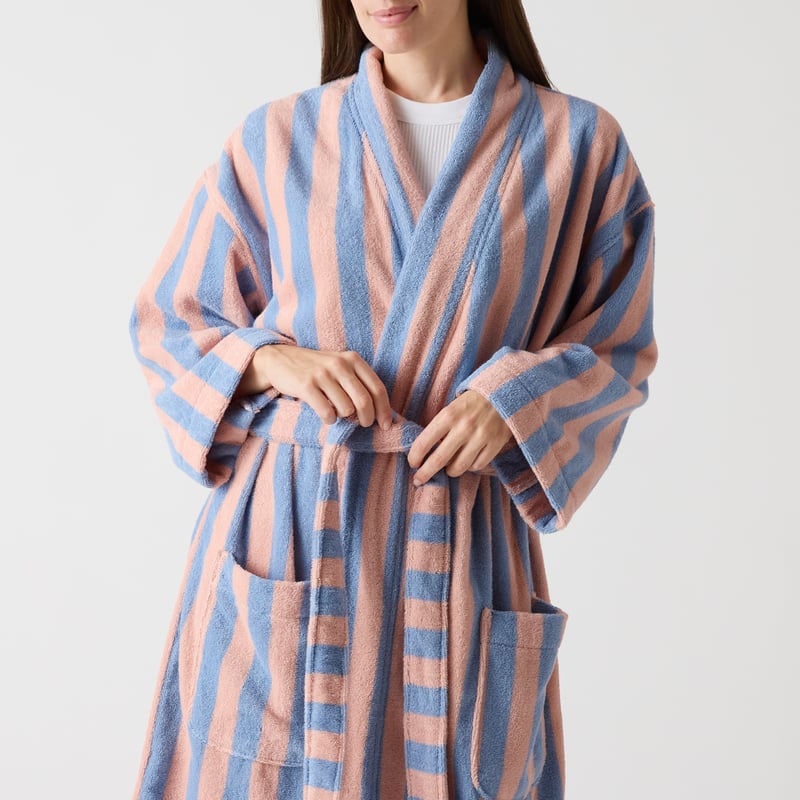 Terry Apricot Ice & Chambray Blue Stripe Bathrobe