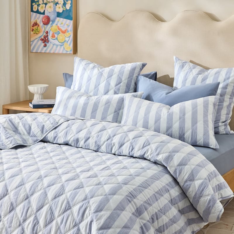Stonewashed Cotton Blue Block Stripe Quilted Pillowcases