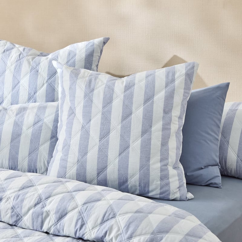 Stonewashed Cotton Blue Block Stripe Quilted Pillowcases