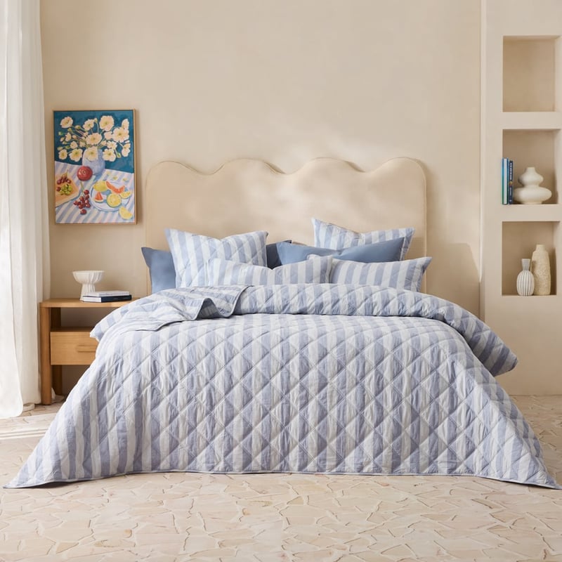 Stonewashed Cotton Blue Block Stripe Quilted Coverlet Separates