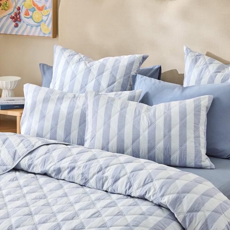 Stonewashed Cotton Blue Block Stripe Quilted Pillowcases