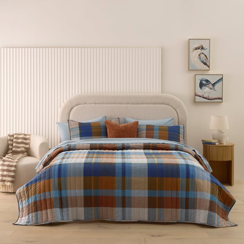 Flannelette Ambrose Check Blue Quilted Coverlet Separates