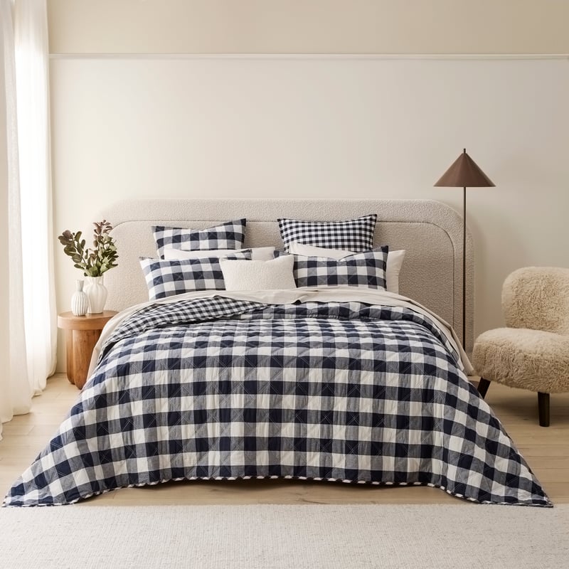 Stonewashed Cotton Denim Gingham Quilted Coverlet Separates