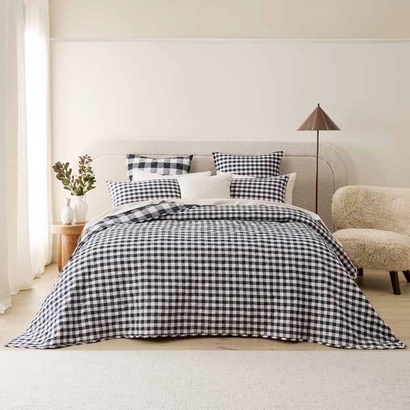 Stonewashed Cotton Denim Gingham Quilted Coverlet Separates
