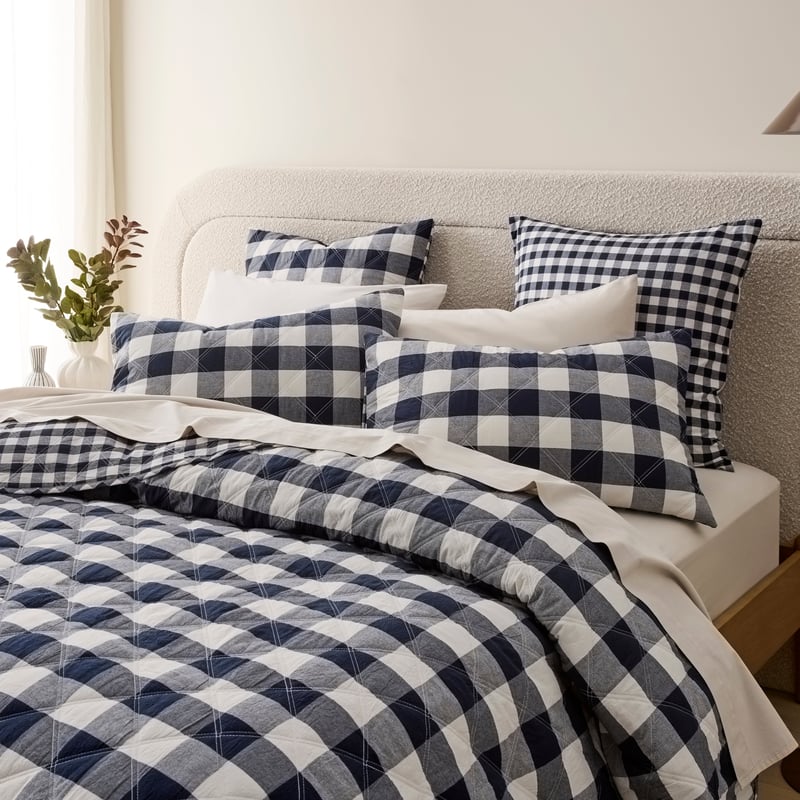 Stonewashed Cotton Denim Gingham Quilted Coverlet Separates