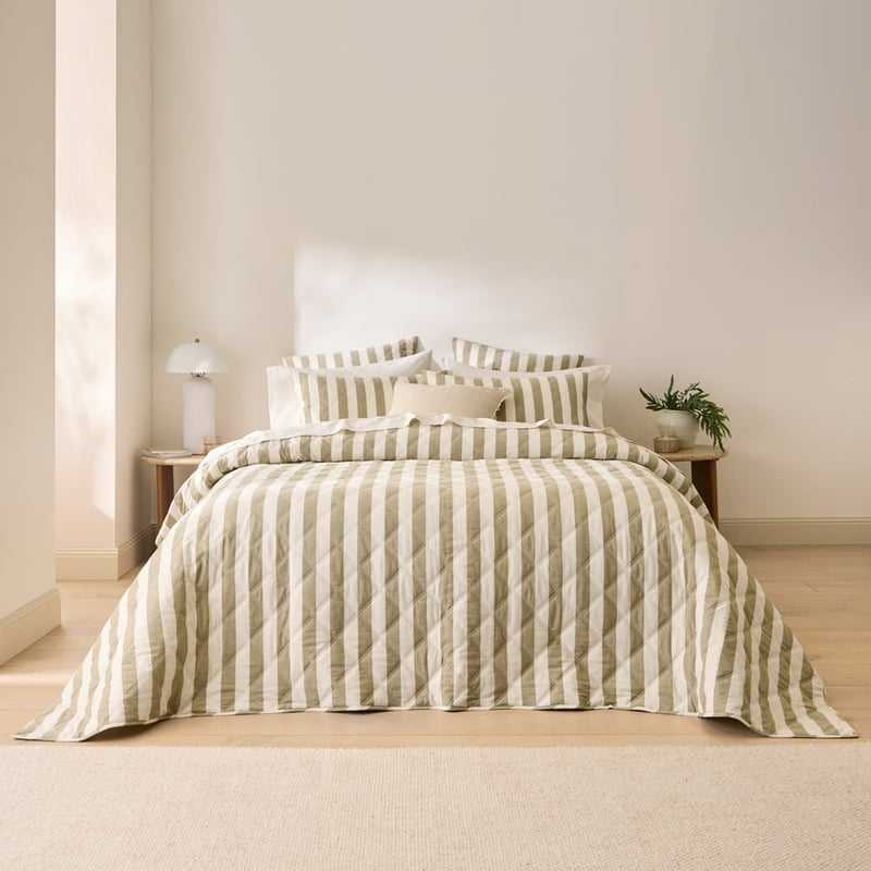 Stonewashed Cotton Olive & Coconut Quilted Coverlet Separates