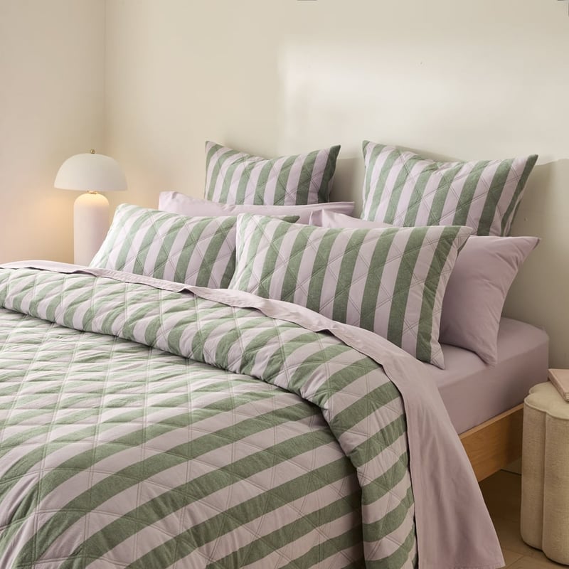 Stonewashed Cotton Emerald & Lilac Block Stripe Quilted Pillowcases