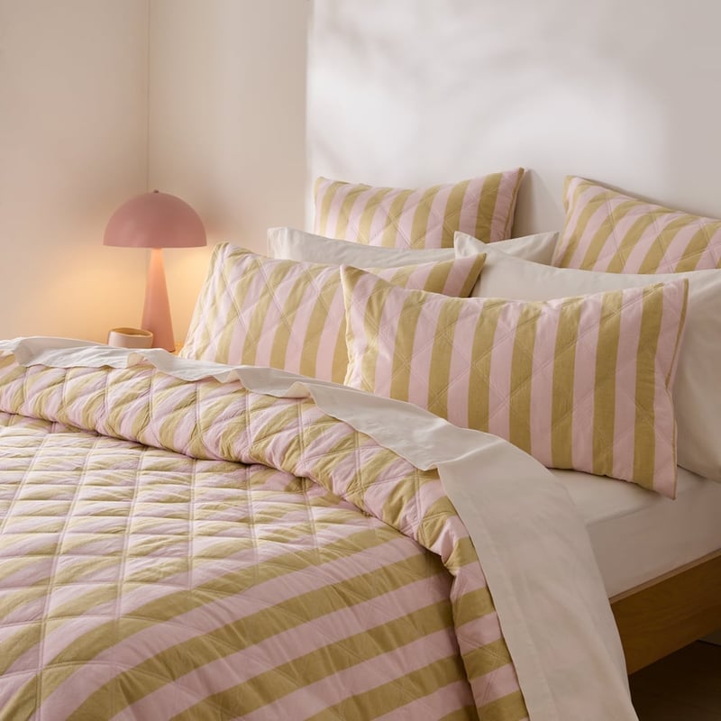 Stonewashed Cotton Pink & Olive Oil Block Stripe Quilted Coverlet Separates