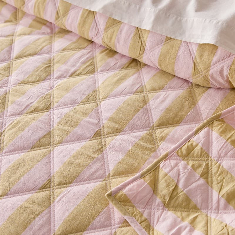 Stonewashed Cotton Pink & Olive Oil Block Stripe Quilted Coverlet Separates