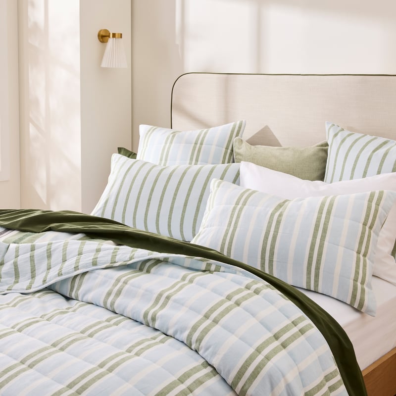 Pedro Green Stripe Cotton Linen Quilted Coverlet Separates