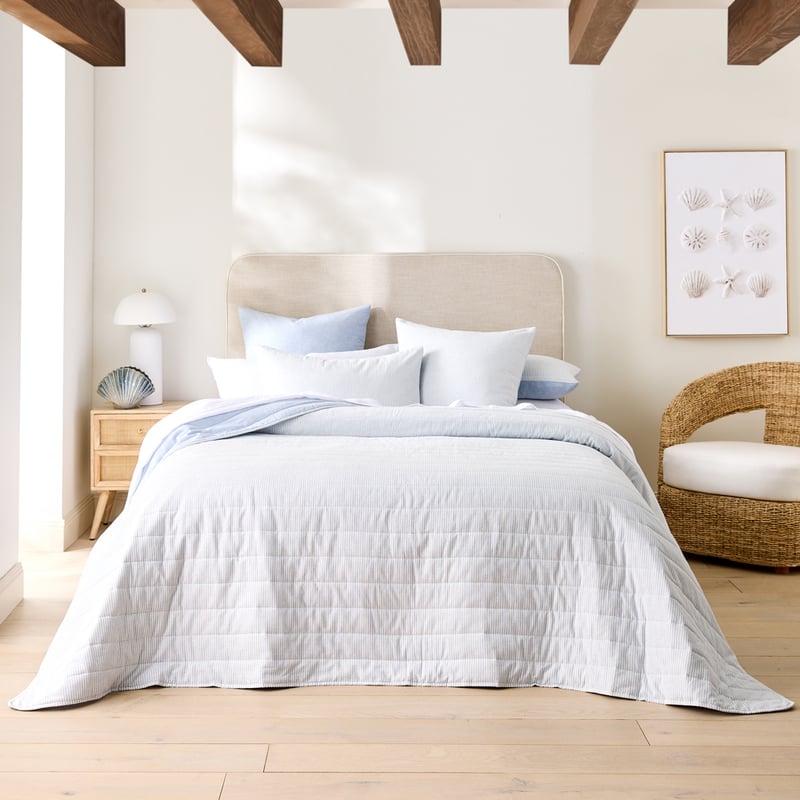 Linen Cotton Dusty Blue Stripe Quilted Coverlet Separates