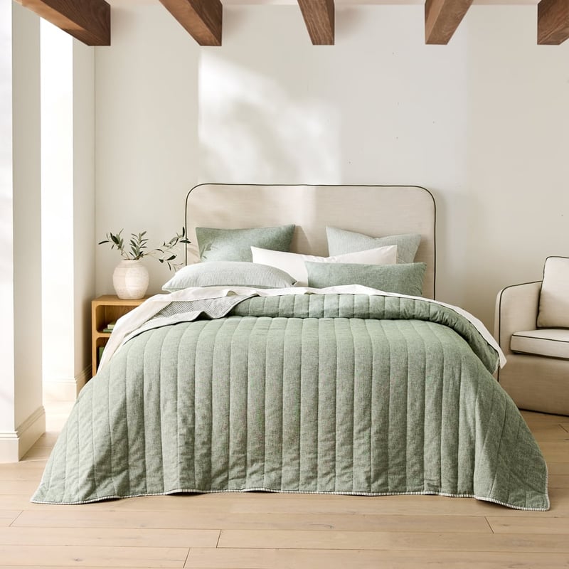 Linen Cotton Thyme Stripe Quilted Coverlet Separates
