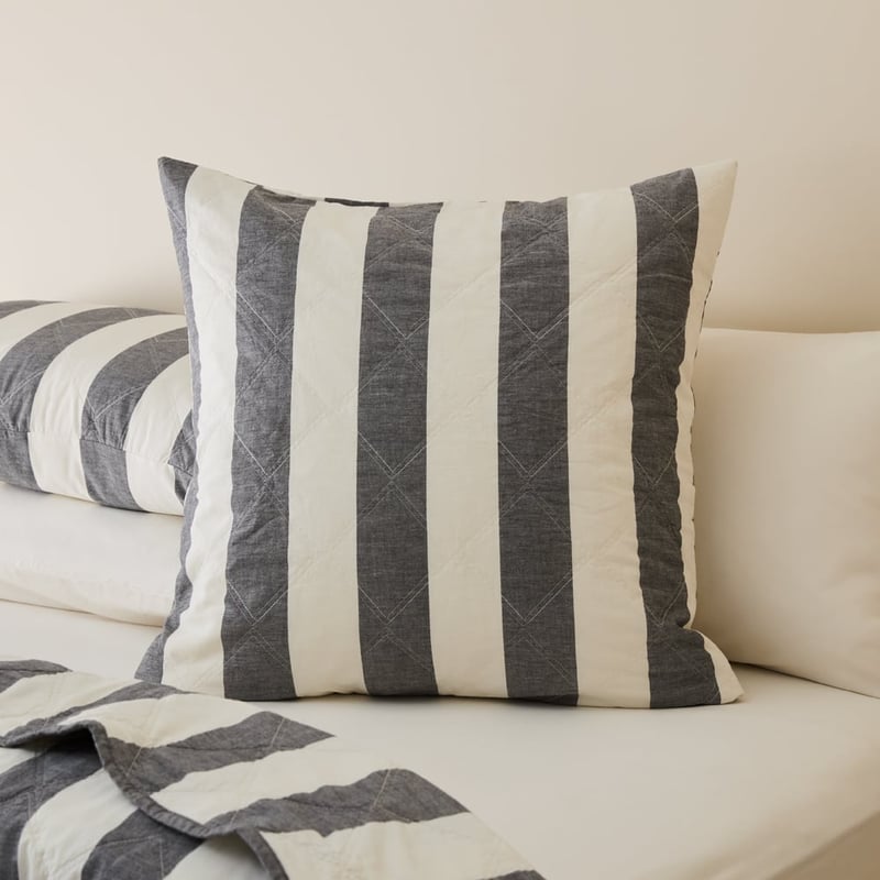 Stonewashed Cotton Black & Coconut Wide Stripe Quilted Pillowcases