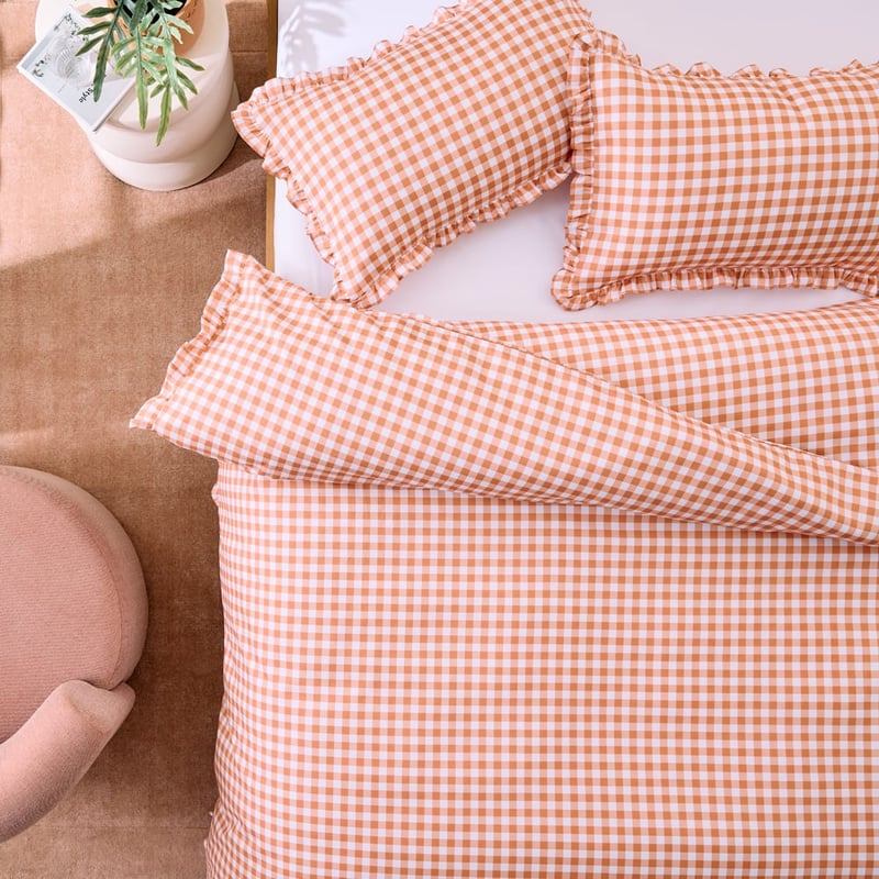 Ruffle Cork Gingham Microfibre Quilt Cover Set