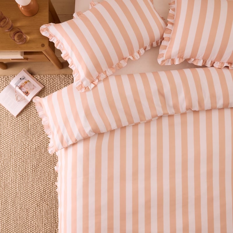Microfibre Ruffle Peach Stripe Quilt Cover Set