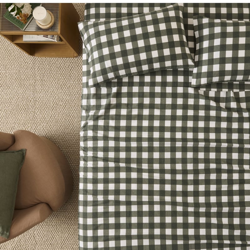 Flannelette Plain Dye Green Gingham Sheet Set