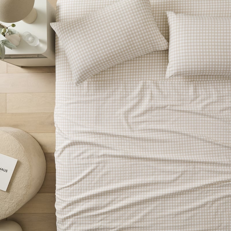 Flannelette Natural Gingham Printed Sheet Set
