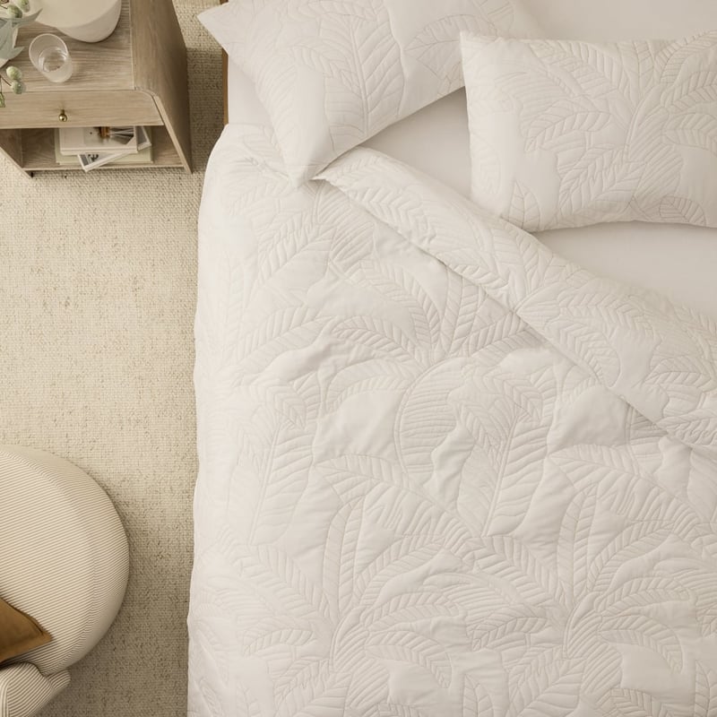 Ellie White Palm Quilted Quilt Cover Set